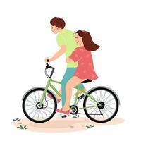 chico y niña paseo un bicicleta juntos. contento chico paseos un niña en un bicicleta. niños verano ocupaciones y divertida. adorable niños teniendo divertido al aire libre plano ilustración aislado en blanco antecedentes vector
