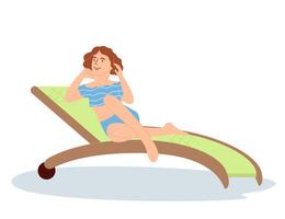 hermosa niña mentiras en un cubierta silla cerca el piscina. joven niña es descansando en vacaciones. ilustración en un plano estilo aislado en un blanco antecedentes. vector