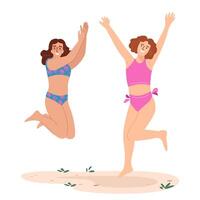 contento muchachas saltando arriba en playa. alegre mujer en trajes de baño, emocionado acerca de verano vacaciones. positivo energético femenino. plano gráfico ilustración aislado en blanco antecedentes vector