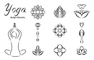 conjunto de yoga íconos plantillas y relajación símbolos en contorno estilo. mujer silueta en línea Arte estilo. colección de dibujado a mano yoga gráfico diseño elementos para spa centrar o yoga estudio vector