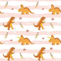 colored seamless repeating pattern for children with cute dinosaurs, plants and flowers in Scandinavian style with stripes background. Design for a girl in pastel colors with dino. vector