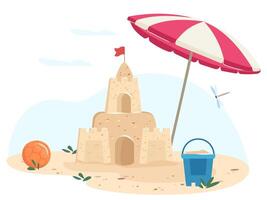 Sandcastle on the seashore. Beach sand castle illustration in flat style isolated on white background. Happy childhood. Fortress with towers, gates and flag vector
