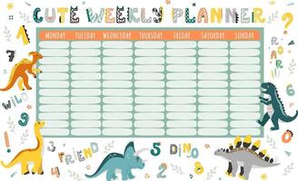 Cute dinosaurs stationery planner for a week and daily organizer for kids, Monday to Sunday schedule. colorful illustrations of various funny dino in simple scandinavian cartoon style vector