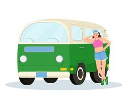 un niña en vacaciones soportes propensión en un hippie autobús. positivo bonito mujer fuimos a naturaleza en verano vacaciones. plano ilustración aislado en blanco antecedentes vector