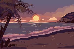 playa costa con palmas y calma agua. puesta de sol en océano, naturaleza mar paisaje antecedentes. marina noche ver dibujos animados plano ilustración. romántico paisajes de tropical naturaleza vector