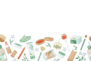 Border with natural wood bottles, jars and paper tubes for eco friendly living. Colorful illustration organic vegan cosmetics for make with empty white space. Zero waste lifestyle concept vector
