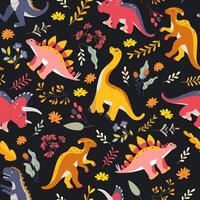 colored seamless repeating pattern for kids with cute dinosaurs, plants and flowers on dark background. Bright girl's pattern with pink and yellow dino. vector