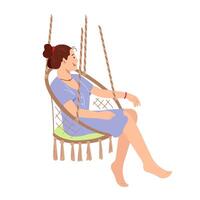 Girl sitting in a hanging swing chair in the garden and relaxing Young girl relaxing on vacation illustration in a flat style on a white background vector