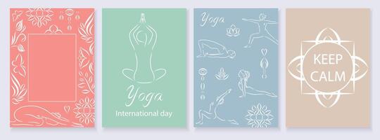 Collection of yoga handdrawn cards.Typography posters with motivational quot on soft pastel background with floral pattern for spa center or yoga studio in line art style vector