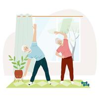 mayor Pareja hacer gimnasia ejercicios a hogar activo maduro hombre y mujer disfrutar deporte y sano estilo de vida juntos. activo Jubilación. plano ilustración. vector