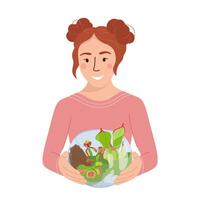 Young girl with florarium taking care of carnivorous plants. Home garden, greenhouse, gardening, florarium, plant lover concept. illustration isolated on white background. vector
