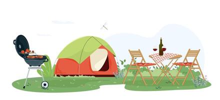 Flat illustration camping with a tent. Outdoor recreation with cooking grill, green plants, trees. Garden modern furniture for barbecue and picnic. Cartoon template BBQ summer parties vector