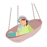 Girl lying in round hammock and drinking refreshing cocktail Young girl holds a glass of tropical drink in her hand and relax on vacation illustration in flat style isolated on white background vector