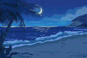 tropical arena playa panorámico ver con palma arboles y rocas en el costa. marina noche ver dibujos animados plano ilustración. romántico paisajes de tropical naturaleza. mar costa paisaje antecedentes vector
