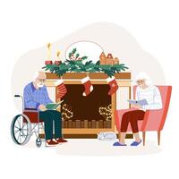 Reading old man in wheelchair. Disabled elderly man spending time together with his wife near the fireplace decorated for Christmas holiday. cute flat illustration isolated on white background vector