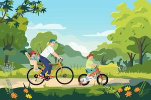 padre paseos bicicleta con el niño en el niño asiento. moderno papá ciclismo bicicleta con niño en público jardín. familia día festivo. papi juntos con hija a ocio exterior. plano ilustración vector