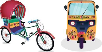 Set of rickshaw, and tuk-tuk on white background vector