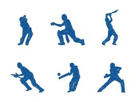 Set of batsman silhouette playing cricket on the field. Black and white vector