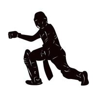 Set of batsman silhouette playing cricket on the field. Black and white vector