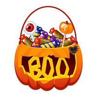 Halloween Pumpkin bucket with candies. Pumpkin Bag with lollipops, sweets, candy. Trick or treat Basket with text BOO. vector