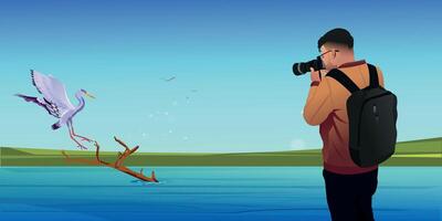 man capturing a bird. bird flying upon the river vector