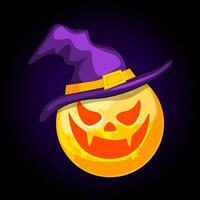Full moon scary face in the hat for greeting card. Halloween illustration. vector