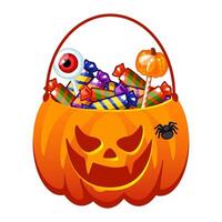 Halloween Pumpkin bucket of with candies. Spooky face Pumpkin Bag with lollipops, sweets, candy. Trick or treat Basket vector