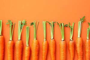 Carrots arranged in a neat row on a gradient orange background, minimalistic and colorful photo