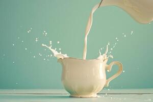 Milk being poured from a vintage jug, classic look against a pastel green to blue gradient background photo