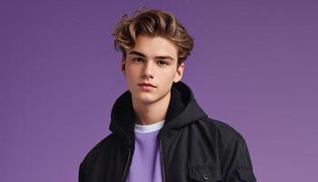 hermoso joven caucásico masculino modelo con elegante peinado vistiendo un negro chaqueta terminado un púrpura camisa, posando en un lavanda fondo, ideal para Moda y juventud cultura temas foto