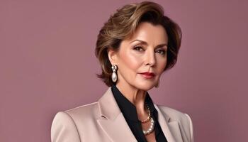 Elegant mature woman in a stylish blazer with pearl jewelry, evoking themes of International Womens Day and sophisticated corporate fashion photo