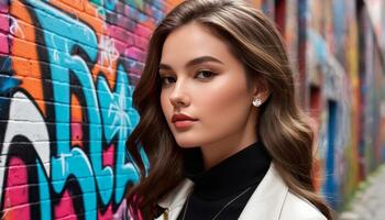 Stylish young woman with a subtle smile posing against a vibrant graffiti wall, embodying urban fashion and youth culture photo