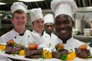 Culinary school graduation day, students in chef uniforms presenting their final dishes for evaluation photo