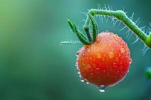 cerca arriba de un Rocío besado tomate en el enredadera, vibrante rojo en contra un suave verde antecedentes foto