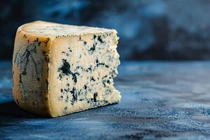 Wedge of Roquefort cheese with a bold blue to black gradient background, highlighting the intense blue veining of the cheese photo
