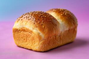 Multigrain bread roll on a gentle purple to blue gradient background, focusing on health and nutrition photo