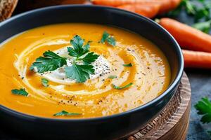 Carrot soup in a rustic bowl with a garnish of cream and fresh herbs, warm and inviting shot photo