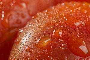 Macro shot of tomato skin texture, detailed view highlighting natural gloss and vibrant red photo
