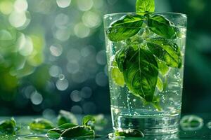 Fresh basil sprigs in a glass of water, close up with emphasis on the freshness and vivid green photo