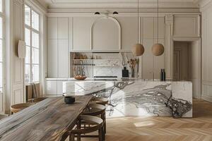 arquitectónico Disparo de un nórdico cocina con un sorprendentes mármol comida mesa en contra un fondo de pulcro, blanco paredes y de madera pisos foto