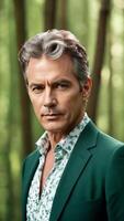 Confident mature man with salt and pepper hair wearing a stylish green suit in a forest setting, ideal for fashion editorials and Fathers Day promotions photo