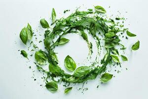 Abstract green swirls representing crushed basil leaves, vibrant and artistic on a light background photo