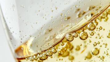 Close up of white wine bubbles in a glass, macro shot, isolated on white background photo