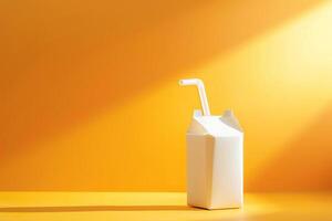 Small milk carton with a straw, playful and youthful image against a sunny yellow to orange gradient background photo