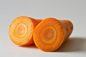 Carrot cut in half lengthwise, showcasing its crisp texture and vivid orange hue against a light background photo