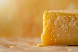 Close up of a wedge of aged cheddar cheese on a smooth gradient background transitioning from dark to light orange, emphasizing texture photo