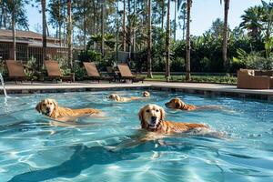 Outdoor pool at a dog hotel, canines swimming and playing under supervision, resort style amenities photo