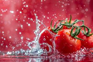 Fresh tomatoes splashing into water, dynamic action shot with water droplets and bright reds photo