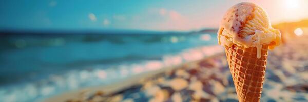 ice cream cone melting under the hot summer sun vivid colors and a blurred beach background photo