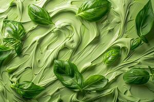 Abstract green swirls representing crushed basil leaves, vibrant and artistic on a light background photo